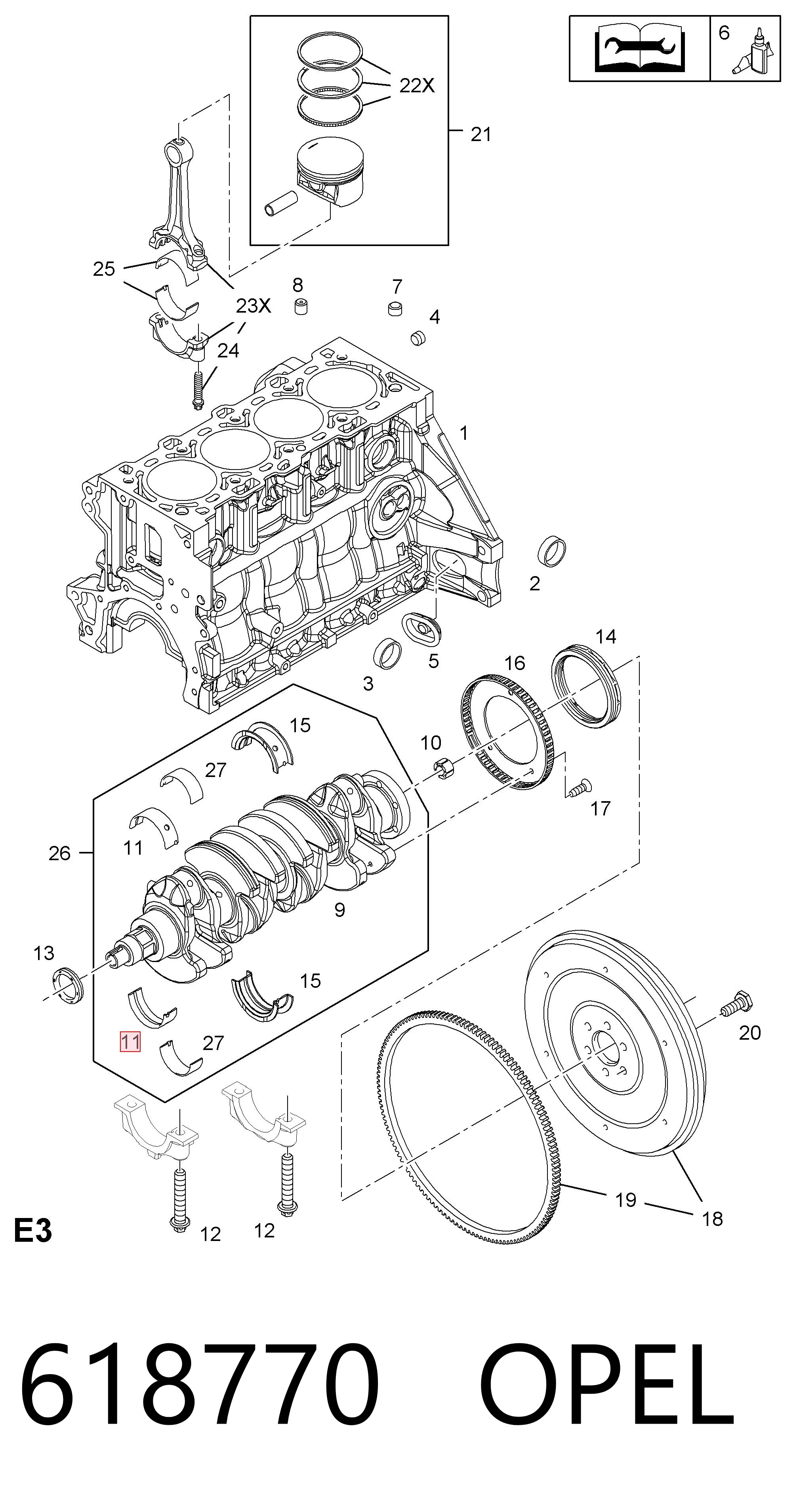 618770 Opel Folhas inseridas principais de cambota, kit, 1ª reparação ( + 0,25)