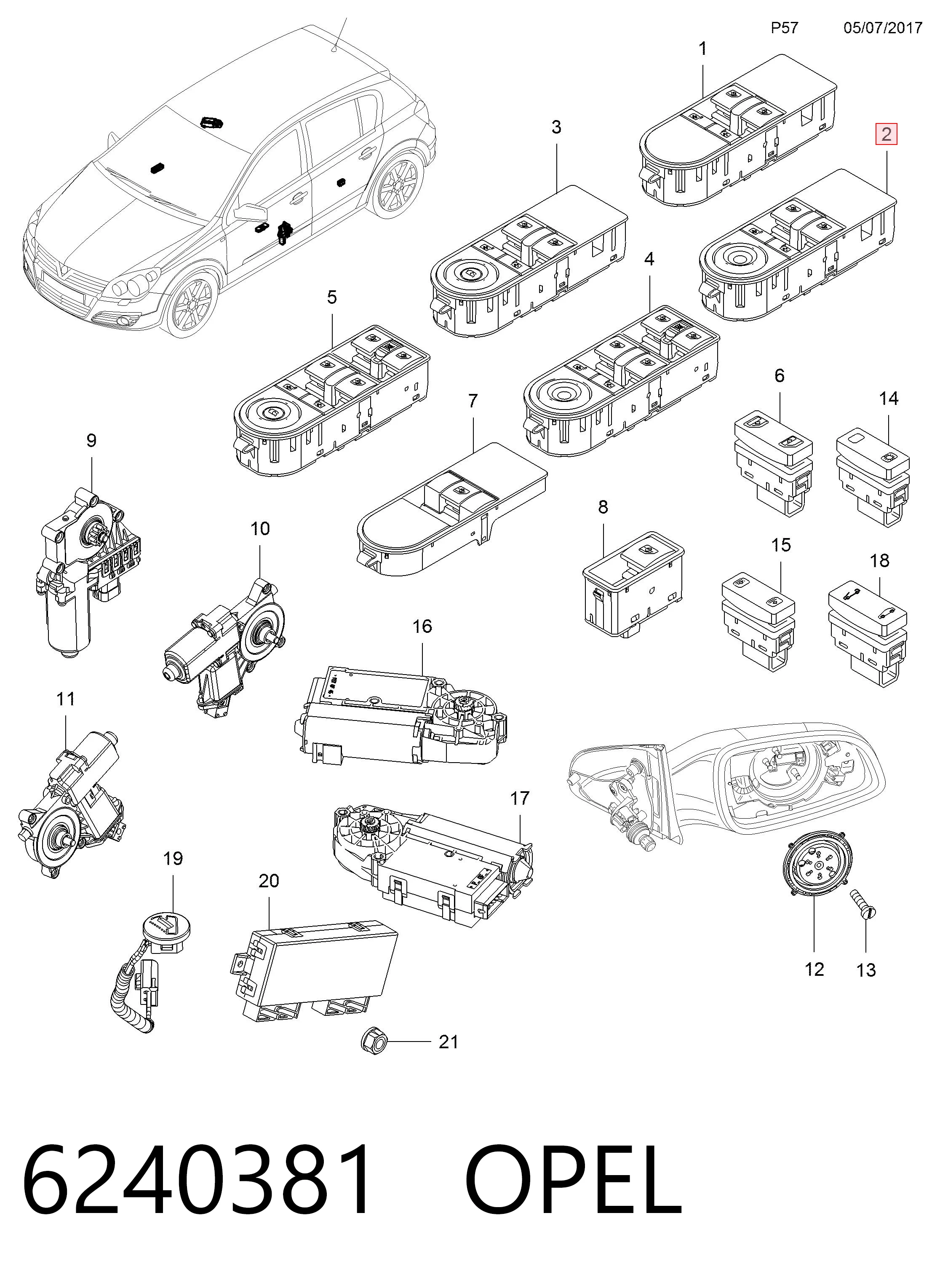 6240381 Opel Unidade de botões dianteira esquerda de controlo de elevador de vidro