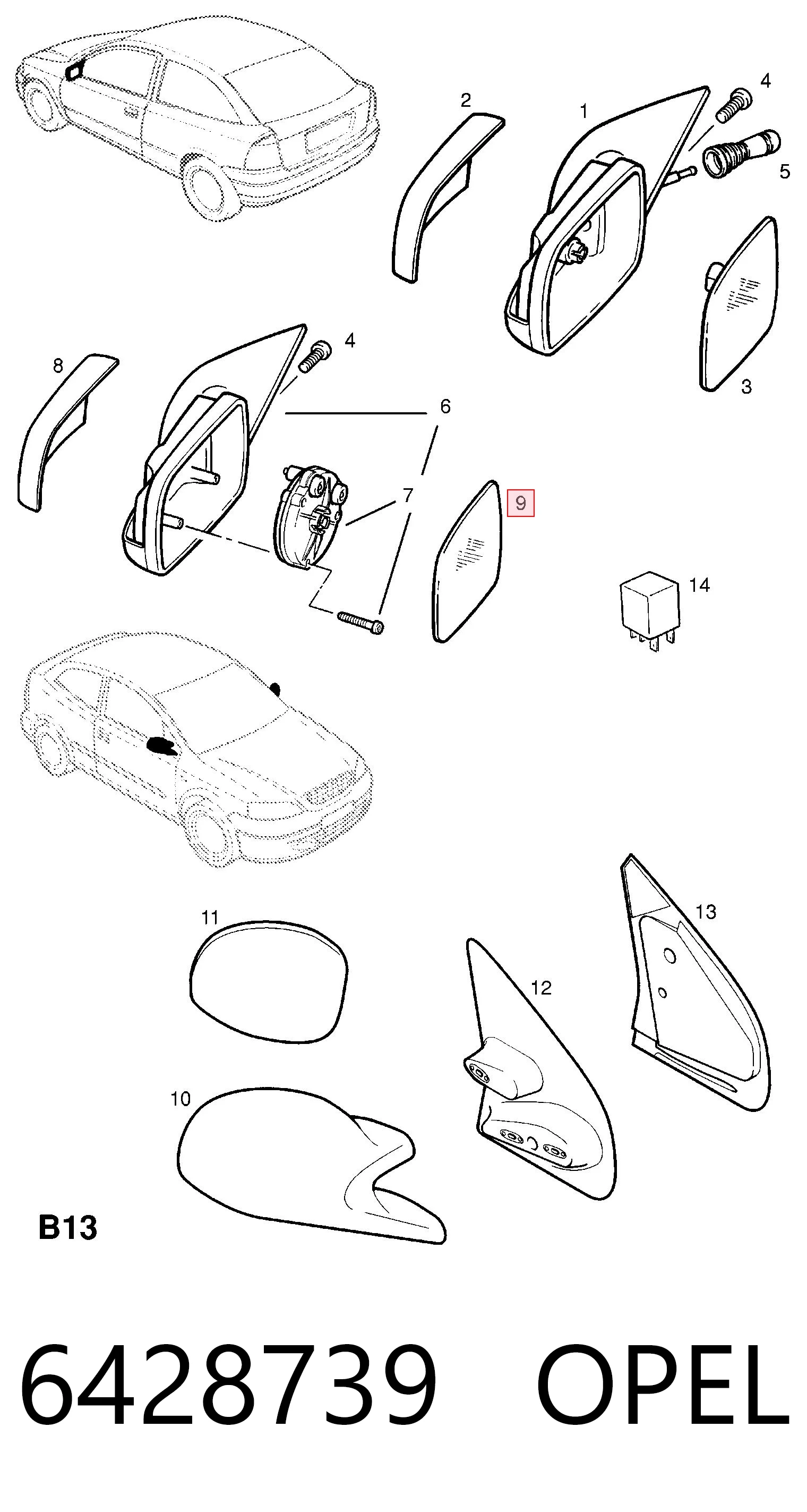 6428739 Opel Elemento espelhado do espelho de retrovisão direito