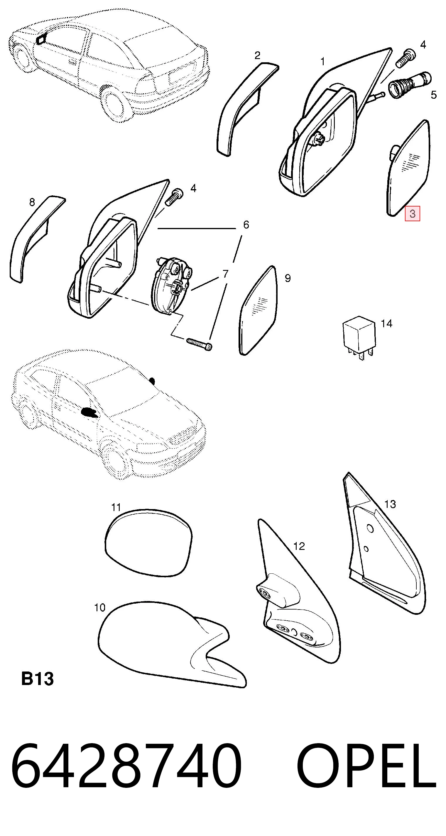 6428740 Opel Elemento espelhado do espelho de retrovisão direito