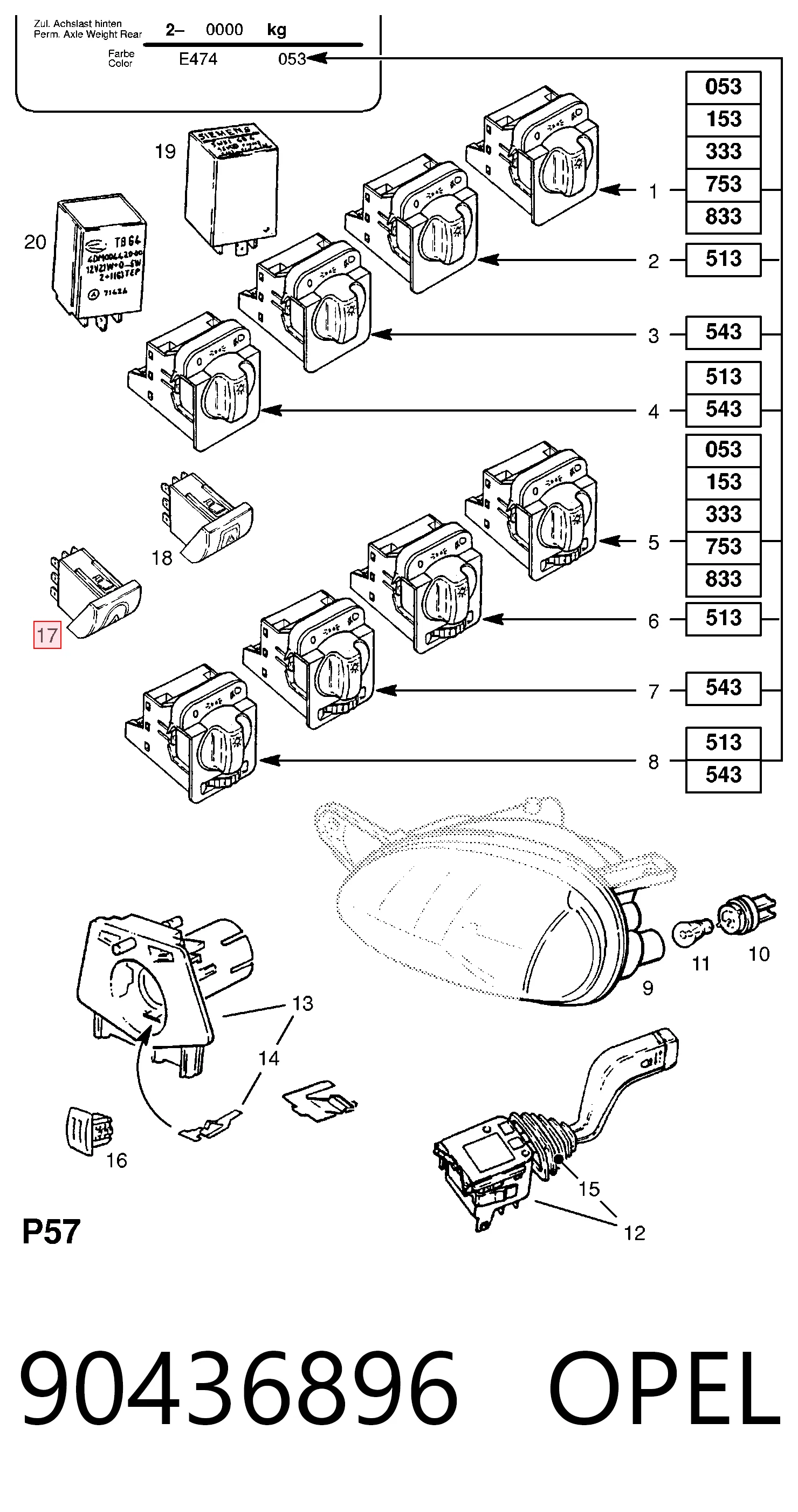 90436896 Opel Botão de ativação do sinal de emergência