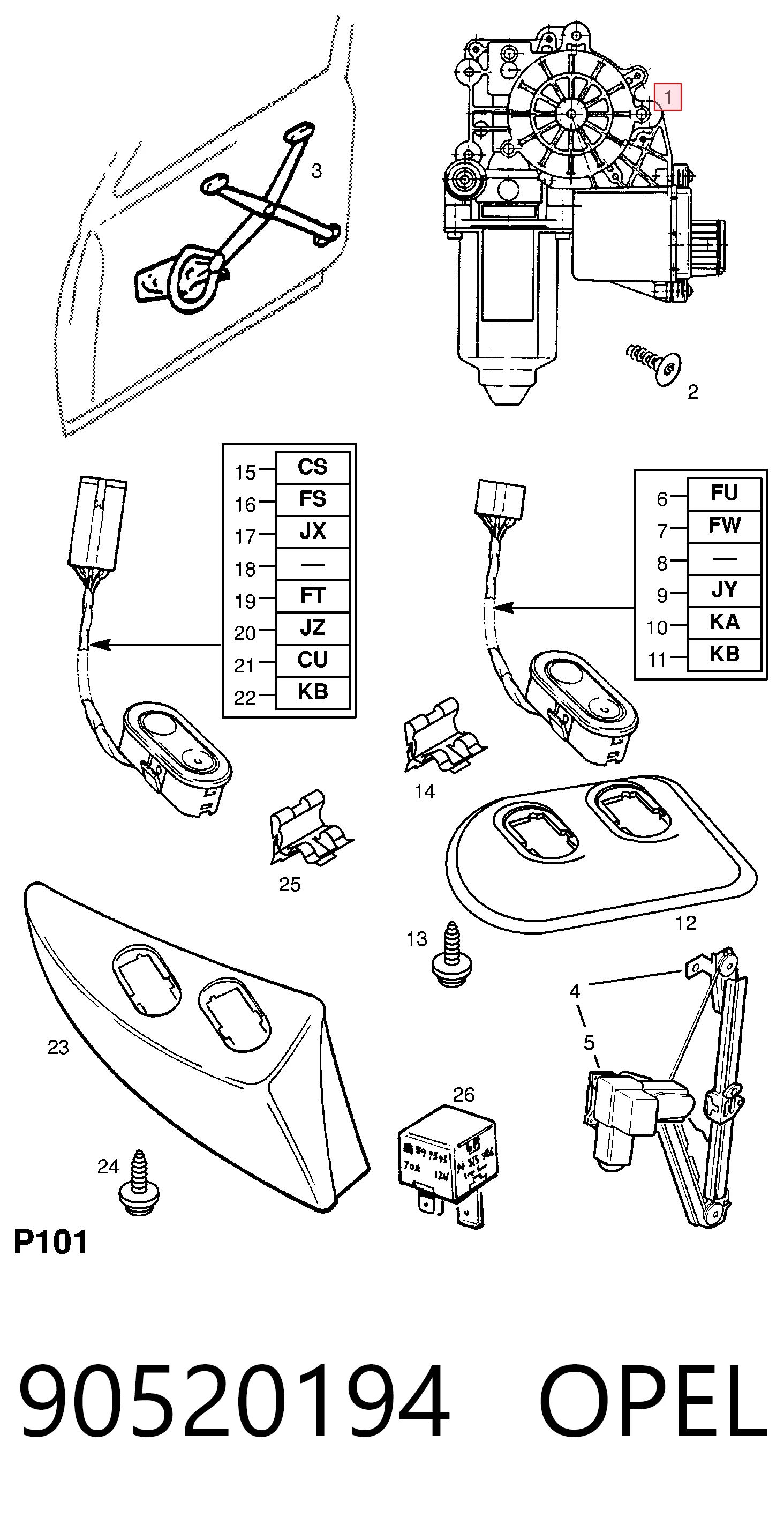  Mecanismo de acionamento de vidro da porta dianteira direita Opel Combo A сaixa (1994 - 2001) A