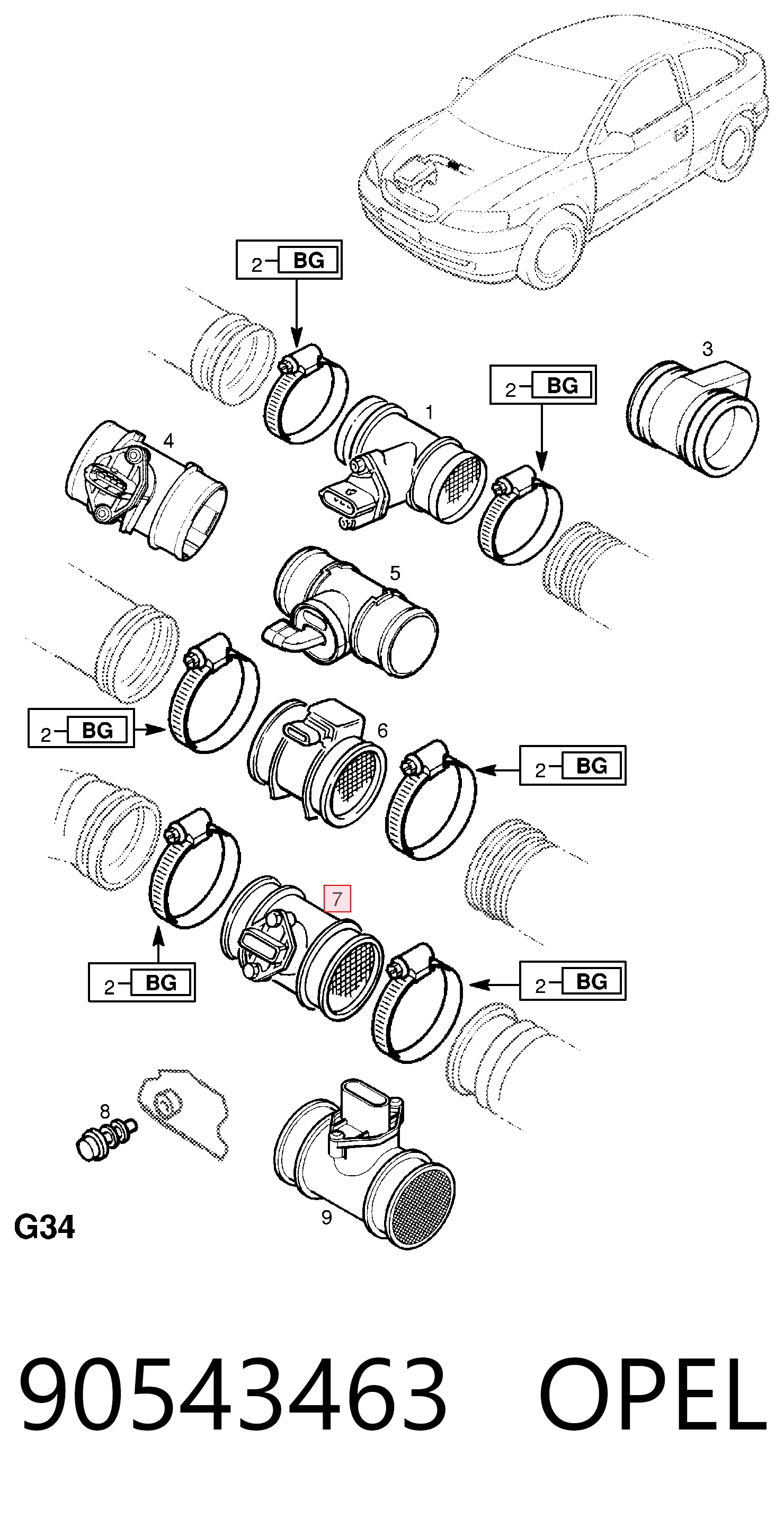 90543463 Opel Sensor de fluxo (consumo) de ar, medidor de consumo M.A.F. - (Mass Airflow)