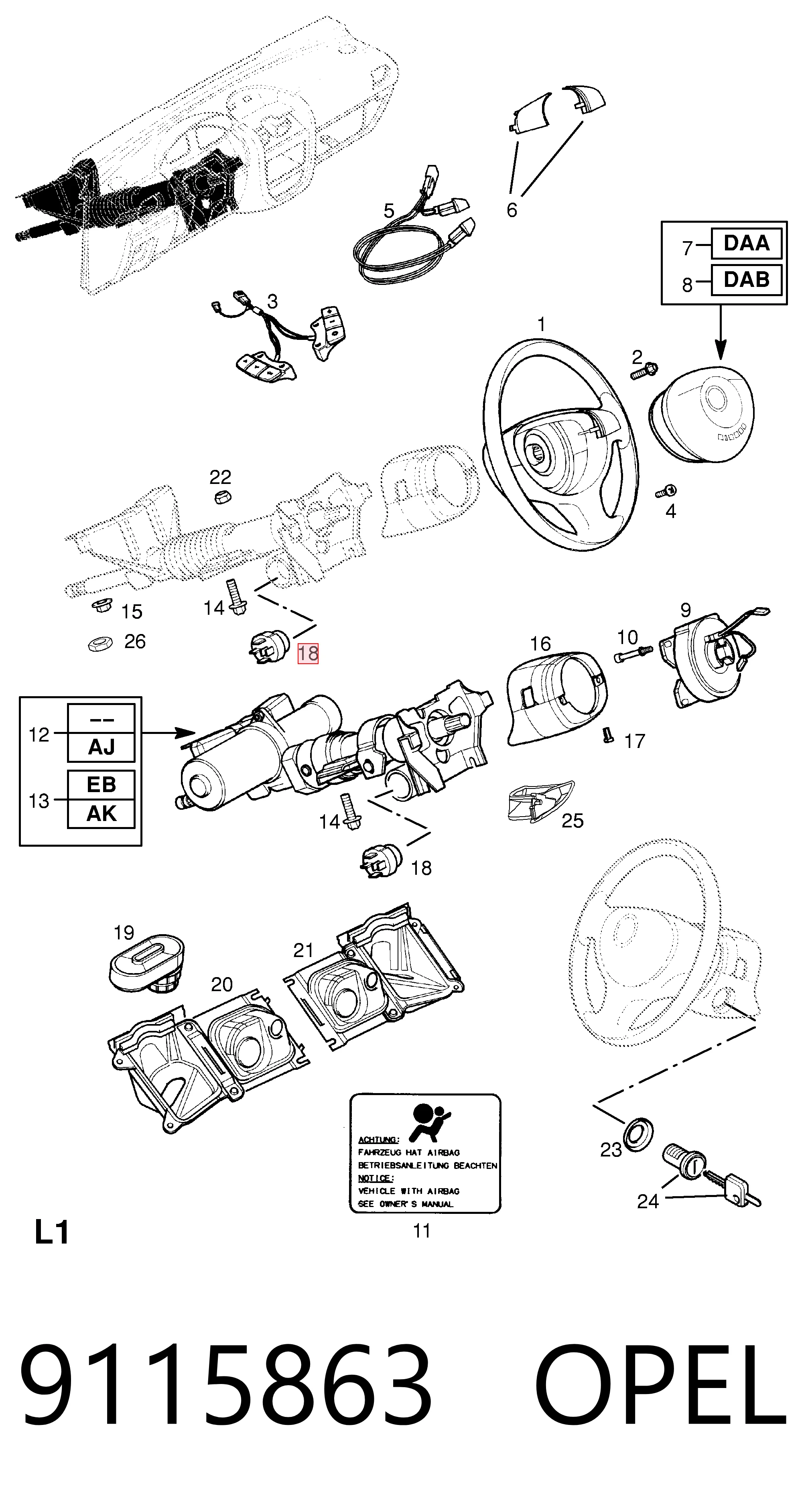 9115863 Opel Grupo de contato de fecho de ignição