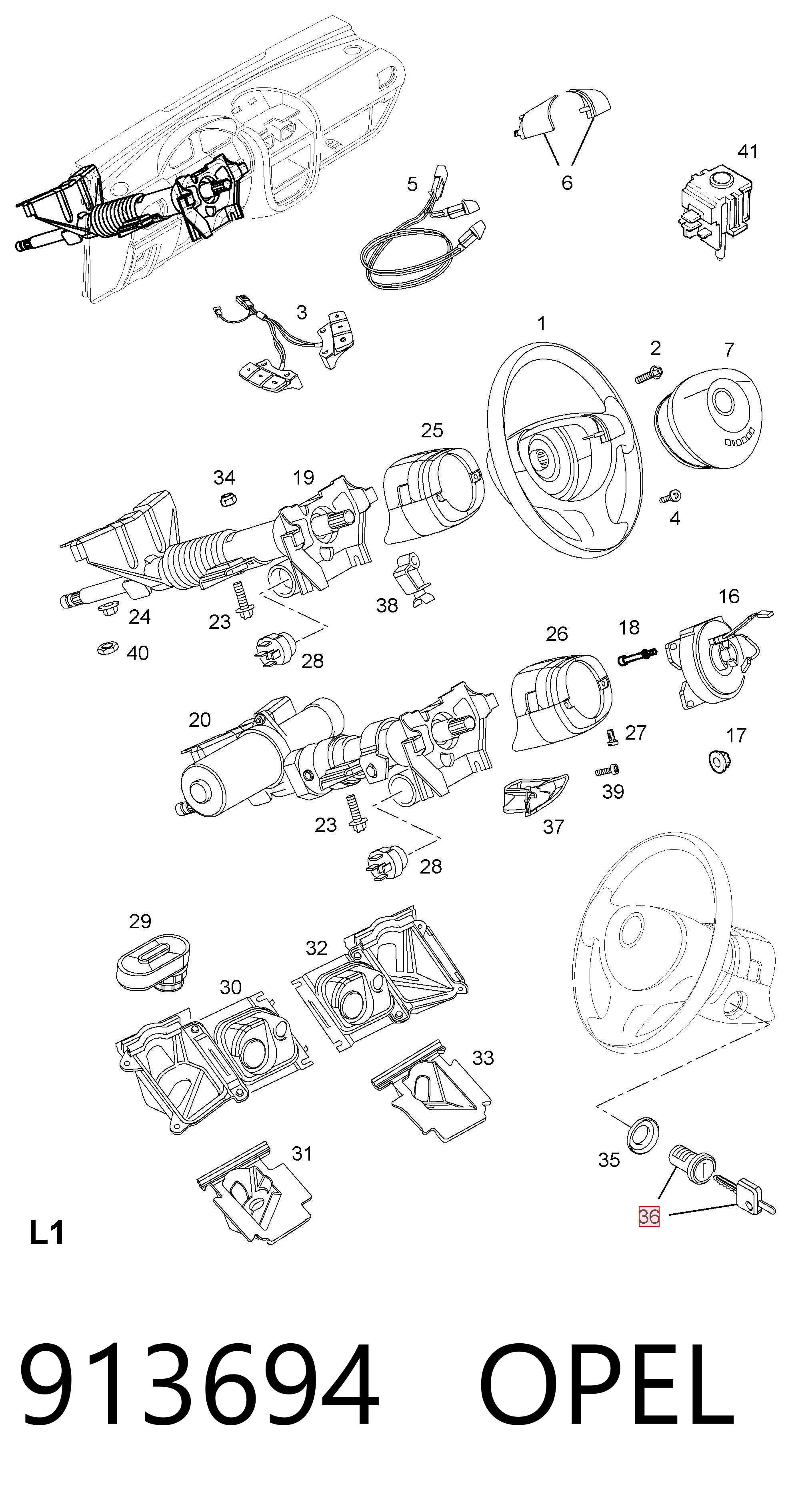 913694 Opel Trinco de fecho de ignição