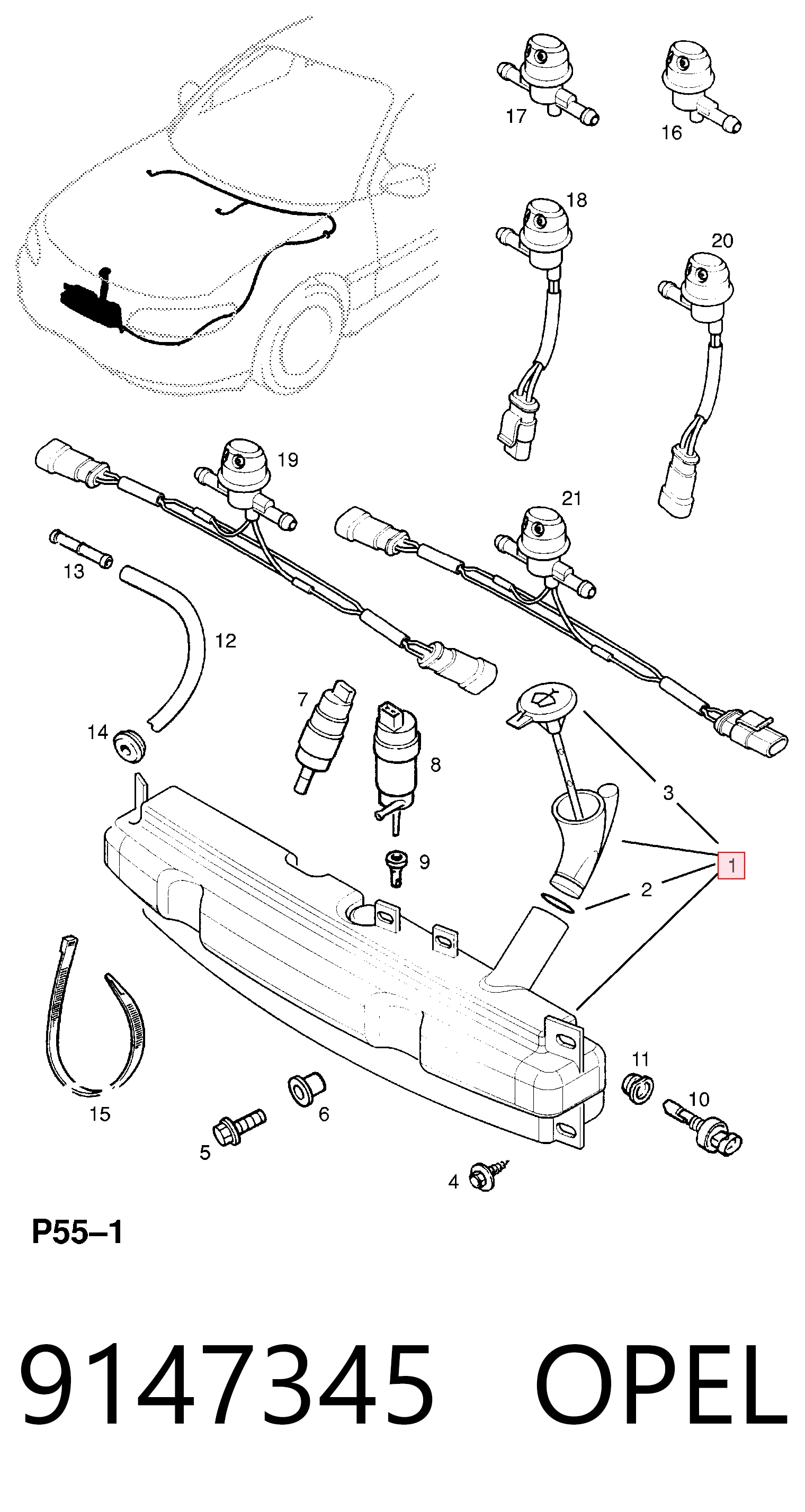 Tanque de fluido para lavador de vidro para Opel Omega B 25, 26, 27
