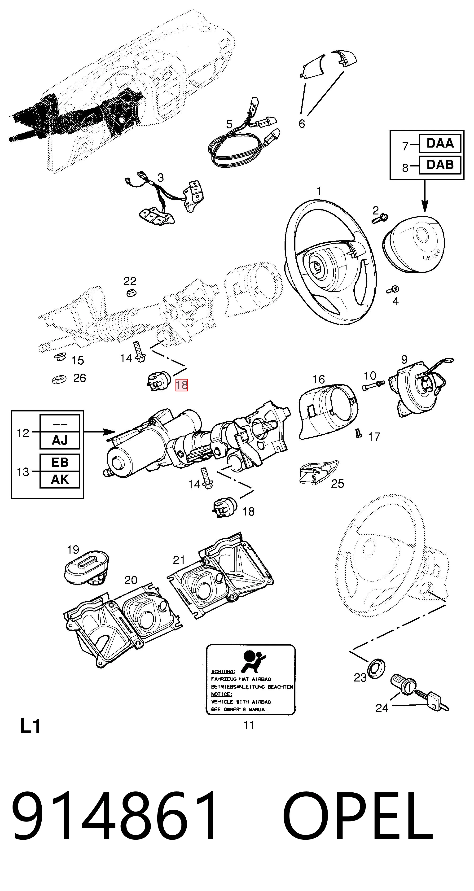 914861 Opel Grupo de contato de fecho de ignição