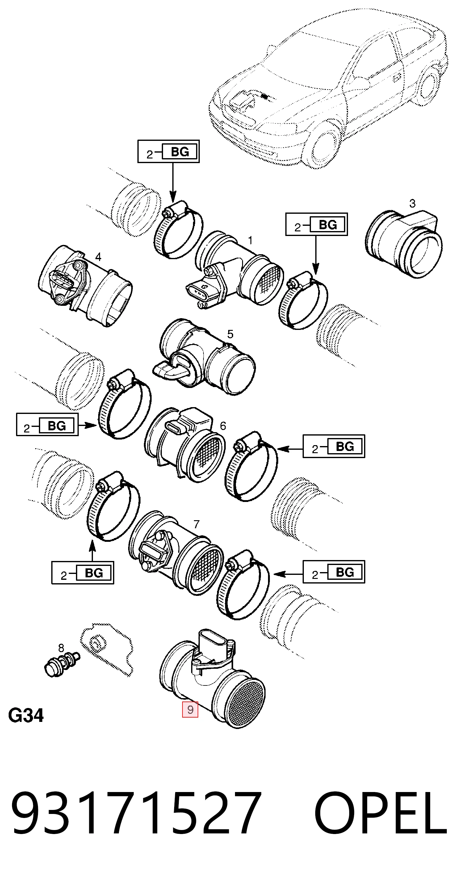 93171527 Opel Sensor de fluxo (consumo) de ar, medidor de consumo M.A.F. - (Mass Airflow)