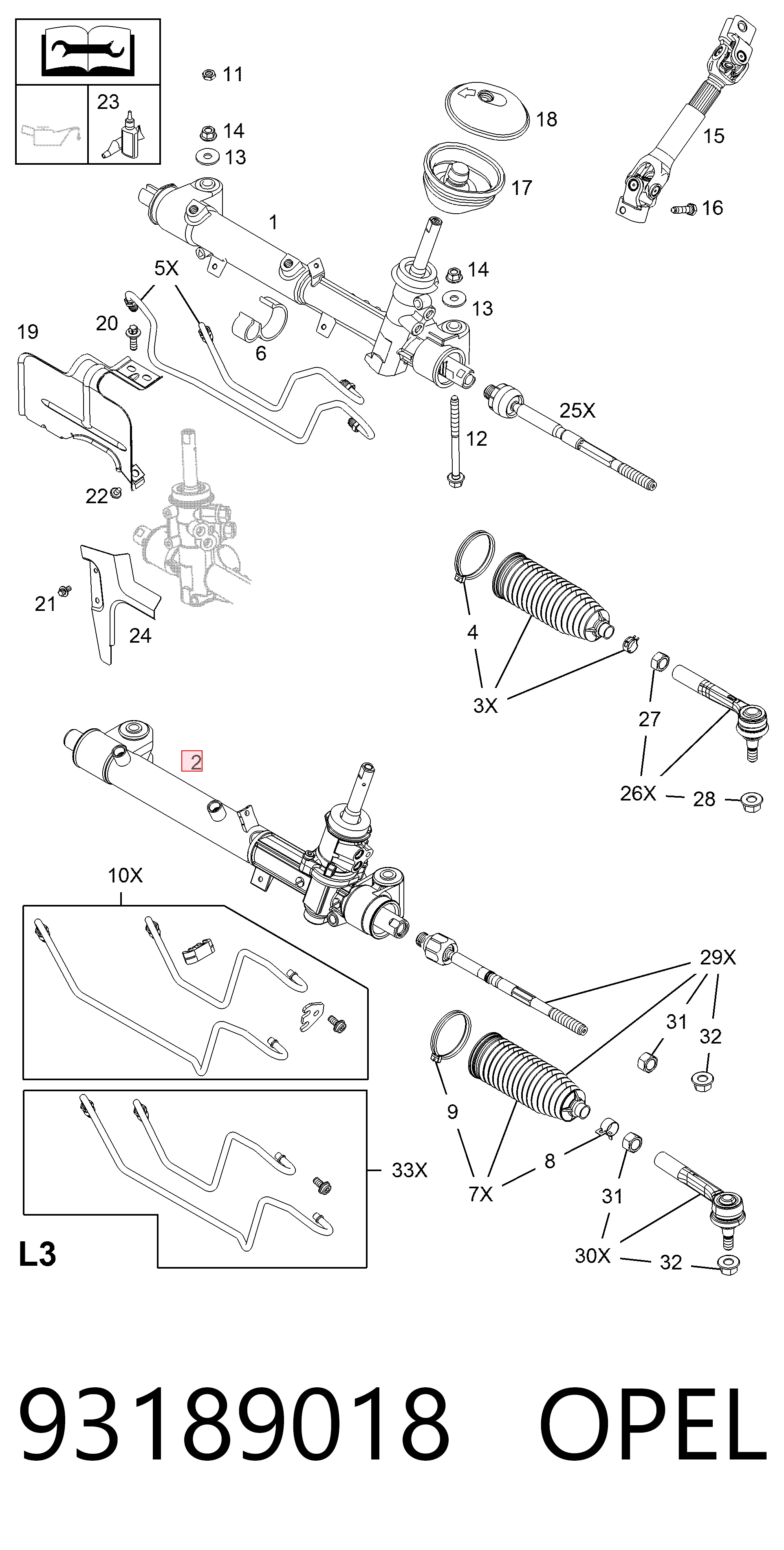 93189018 Opel Cremalheira da direção