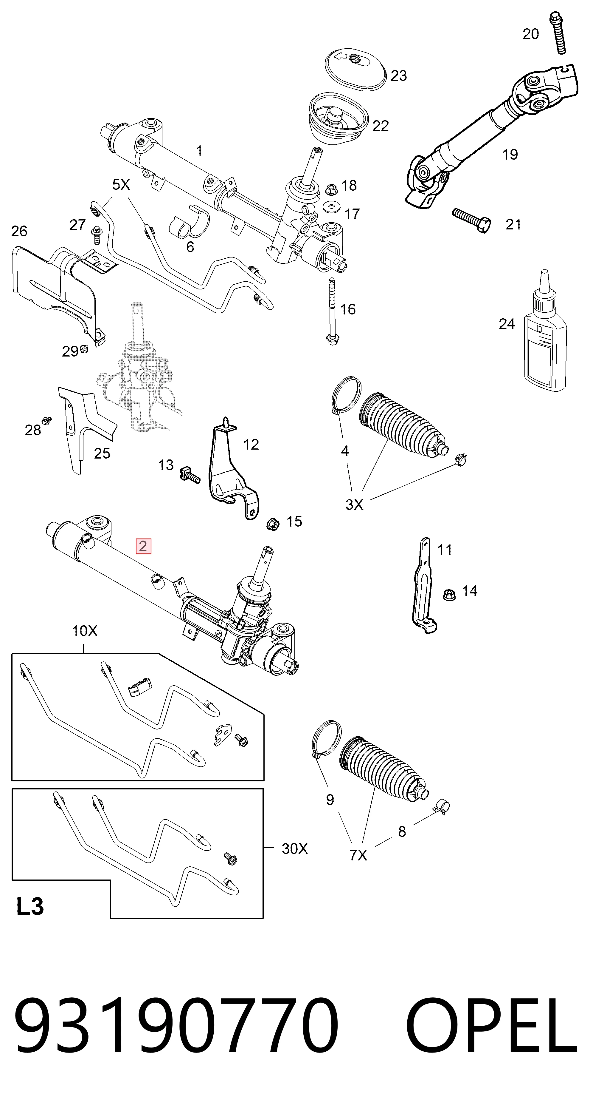 93190770 Opel Cremalheira da direção