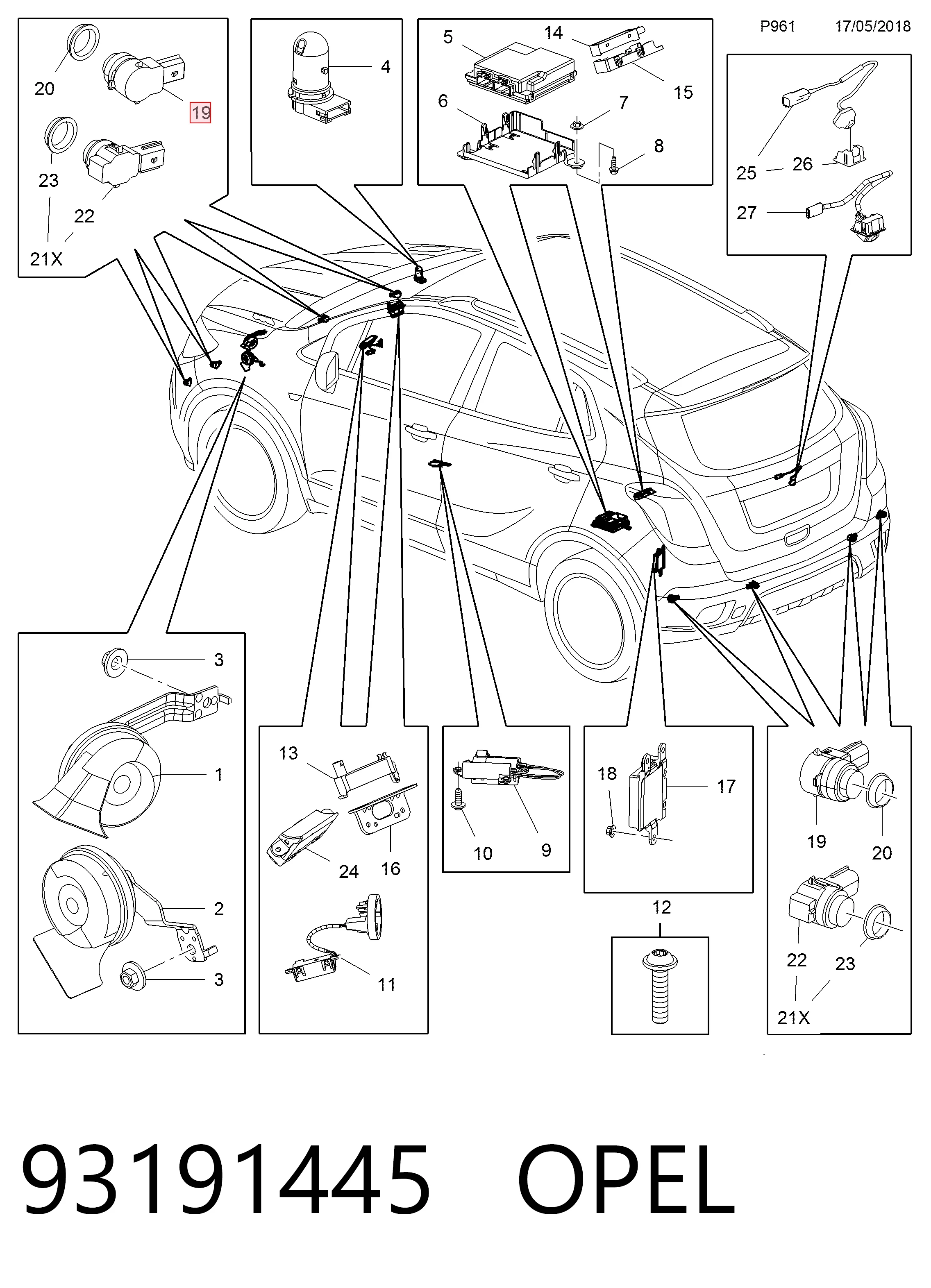 93191445 Opel Sensor traseiro de sinalização de estacionamento (sensor de estacionamento)