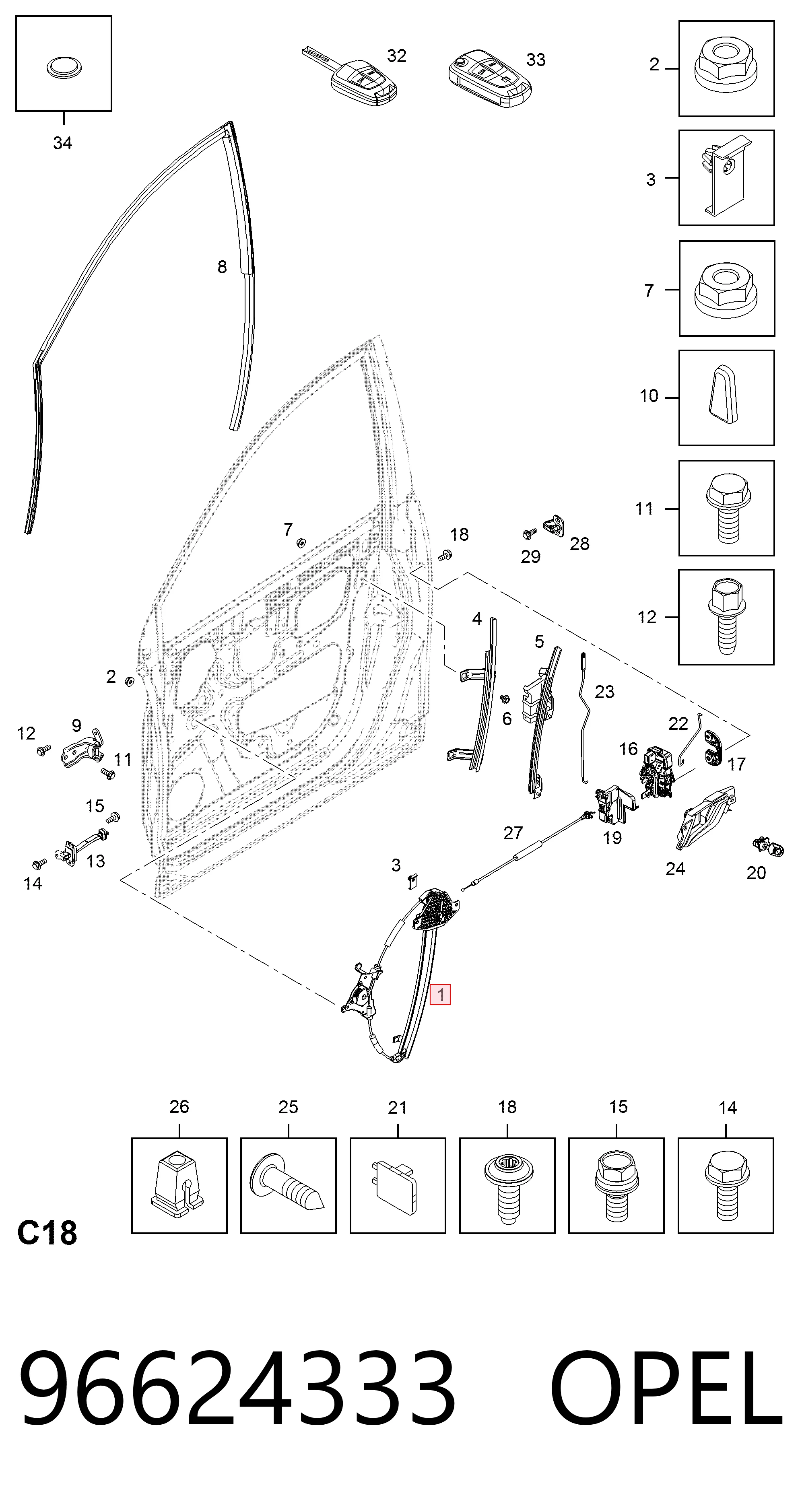 Mecanismo de acionamento de vidro da porta dianteira direita Chevrolet Captiva II C140