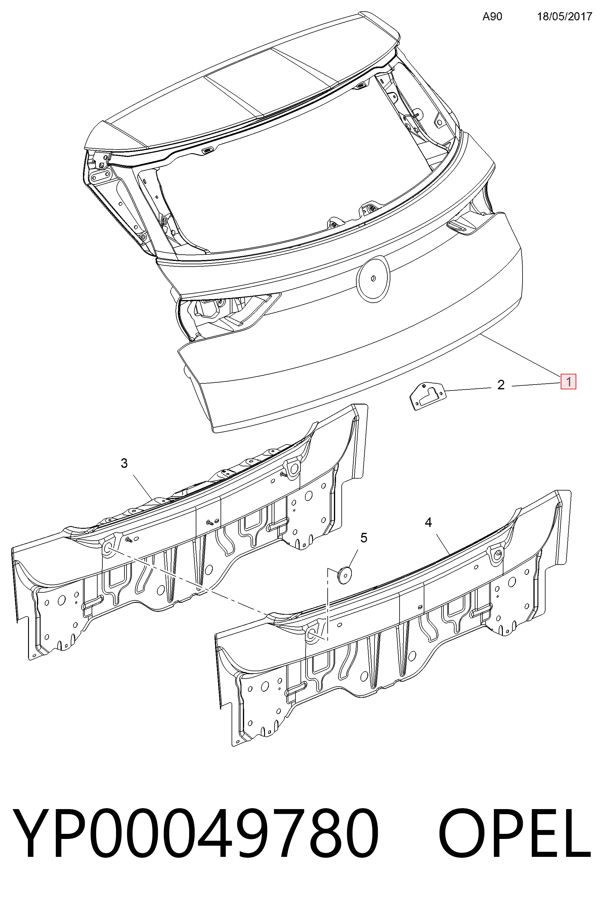 Porta traseira (3ª/5ª porta-malas (tampa de alcapão) para Opel GRANDLAND X A18, P1UO