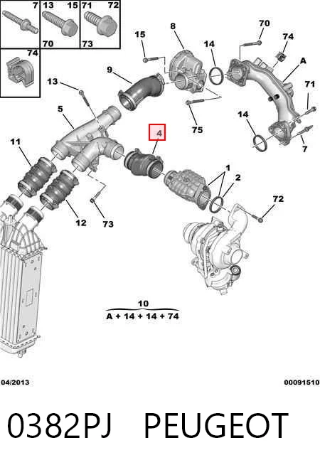 0382PJ Peugeot/Citroen Mangueira (cano derivado) de intercooler
