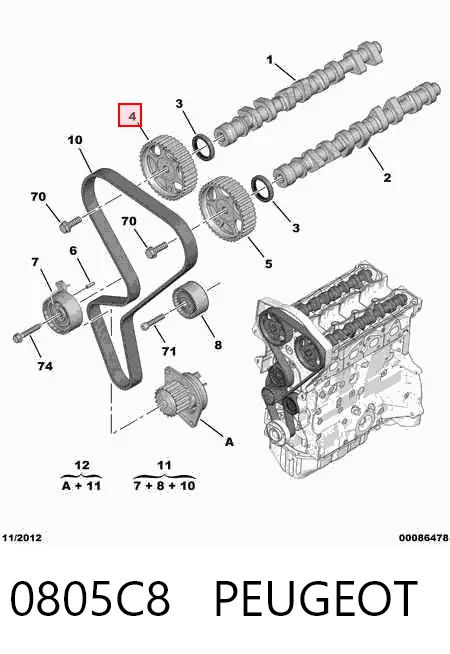 0805C8 Peugeot/Citroen Engrenagem de cadeia de roda dentada da árvore distribuidora de admissão de motor