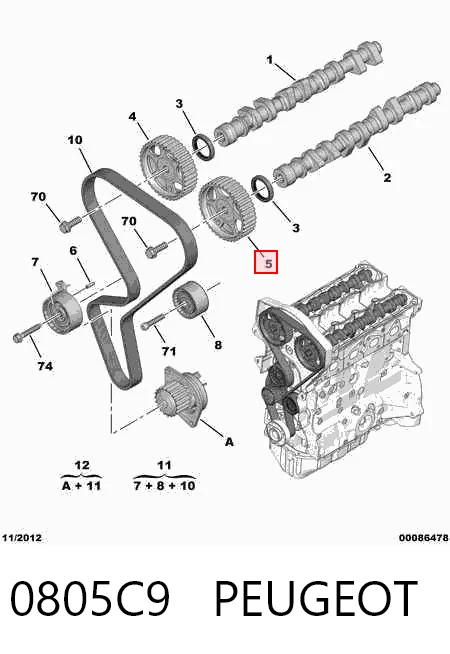 0805C9 Peugeot/Citroen Engrenagem de cadeia de roda dentada da árvore distribuidora de escape de motor
