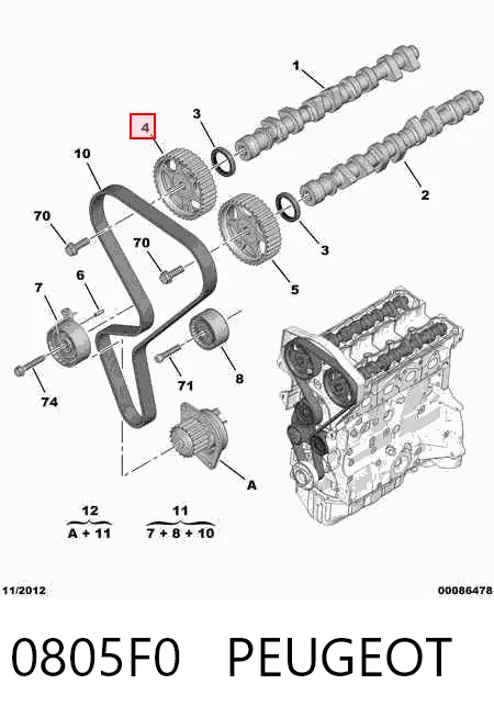 0805F0 Peugeot/Citroen Engrenagem de cadeia de roda dentada da árvore distribuidora de admissão de motor