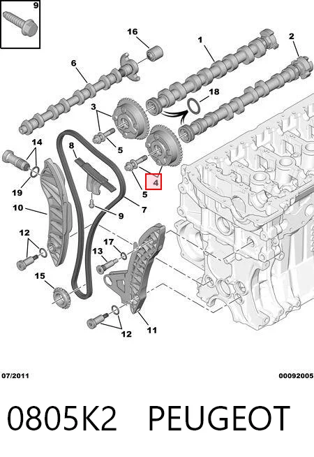 0805K2 Peugeot/Citroen Engrenagem de cadeia de roda dentada da árvore distribuidora de escape de motor