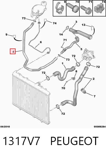 1317V7 Peugeot/Citroen Mangueira (cano derivado) do radiador de esfriamento superior