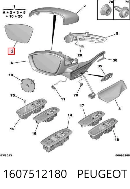 1607512180 Peugeot/Citroen Elemento espelhado do espelho de retrovisão esquerdo