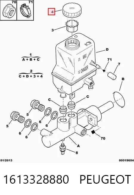 1613328880 Peugeot/Citroen Tampa de tanque de cilindro mestre do freio