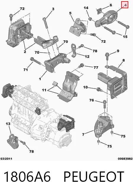 1806A6 Peugeot/Citroen Coxim (suporte) traseiro de motor