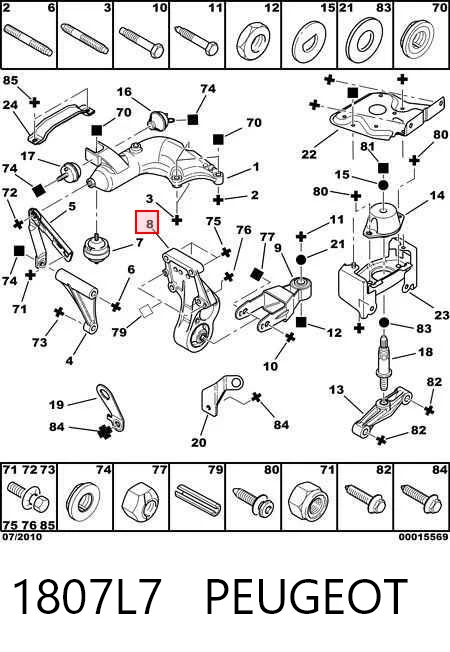 1807L7 Peugeot/Citroen Coxim (suporte) traseiro de motor