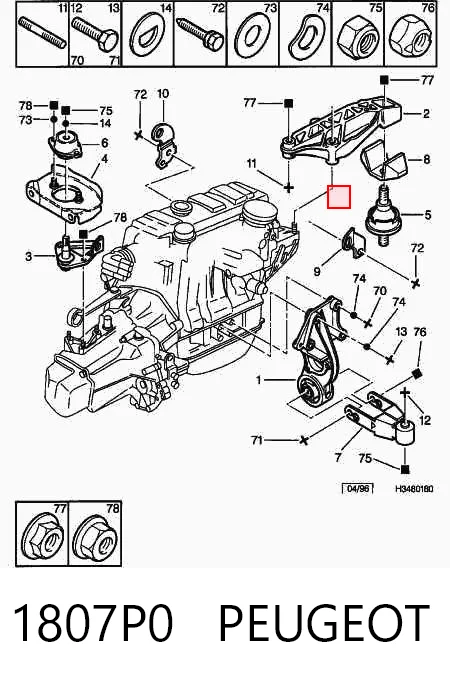 1807P0 Peugeot/Citroen Coxim (suporte) traseiro de motor