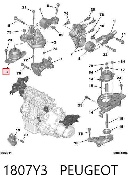 1807Y3 Peugeot/Citroen Coxim (suporte) direito de motor