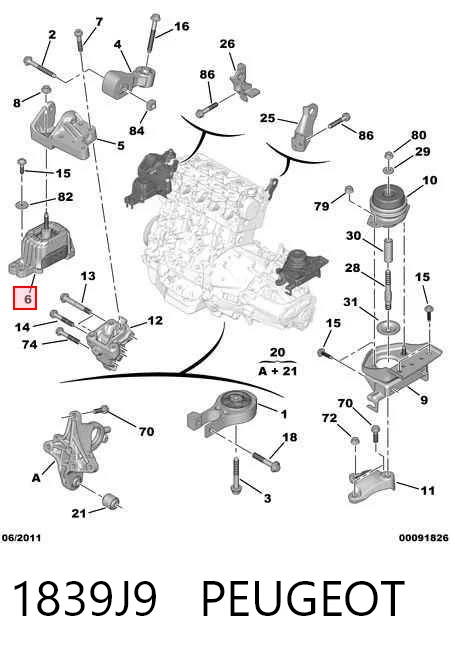 1839J9 Peugeot/Citroen Coxim (suporte) direito inferior de motor