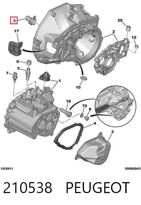 210538 Peugeot/Citroen Guia da árvore primária da Caixa de Mudança