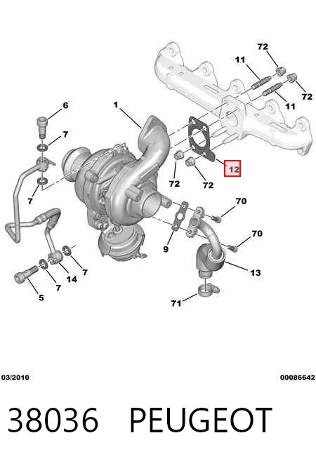 38036 Peugeot/Citroen Vedante de turbina dos gases de escape, admissão