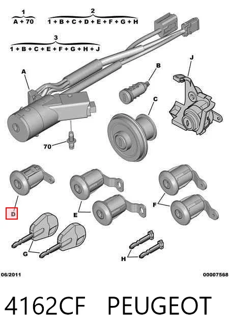 4162CF Peugeot/Citroen Fechadura da porta de encendido com chaves, kit