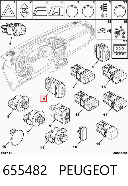 655482 Peugeot/Citroen Botão dianteiro esquerdo de ativação de motor de acionamento de vidro