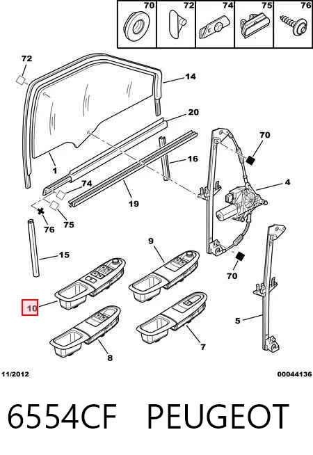 6554CF Peugeot/Citroen Unidade de botões dianteira esquerda de controlo de elevador de vidro
