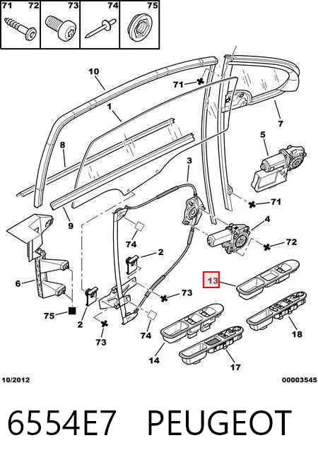 6554E7 Peugeot/Citroen Unidade de botões dianteira direita de controlo de elevador de vidro