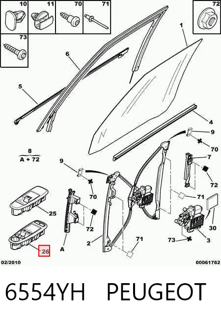 6554YH Peugeot/Citroen Unidade de botões dianteira esquerda de controlo de elevador de vidro