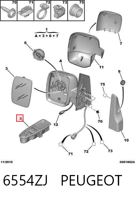 6554ZJ Peugeot/Citroen Unidade de botões dianteira esquerda de controlo de elevador de vidro