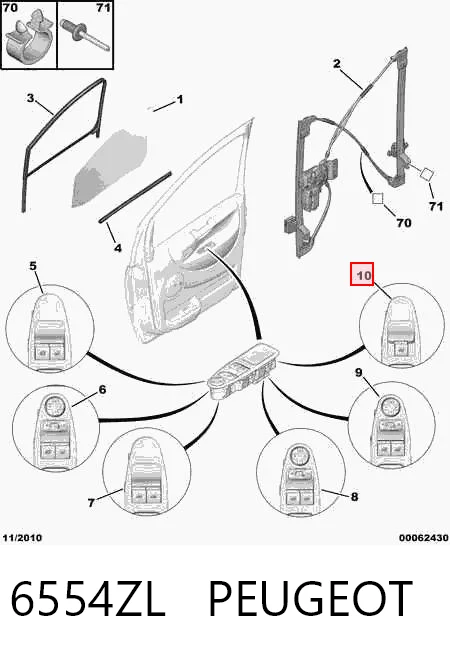 6554ZL Peugeot/Citroen Botão dianteiro direito de ativação de motor de acionamento de vidro