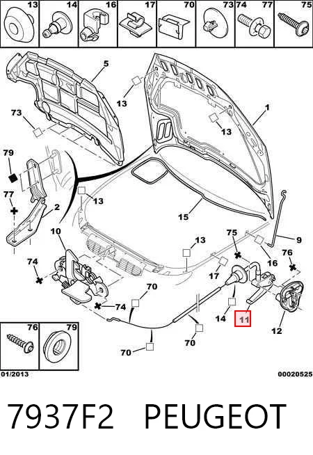 Cabo de abertura da capota para Peugeot 206 2E, K