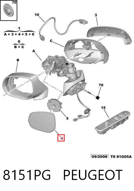 8151PG Peugeot/Citroen Elemento espelhado do espelho de retrovisão direito