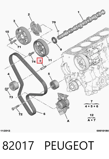 82017 Peugeot/Citroen Eixo do rolo de reguladora de tensão da correia de transmissão