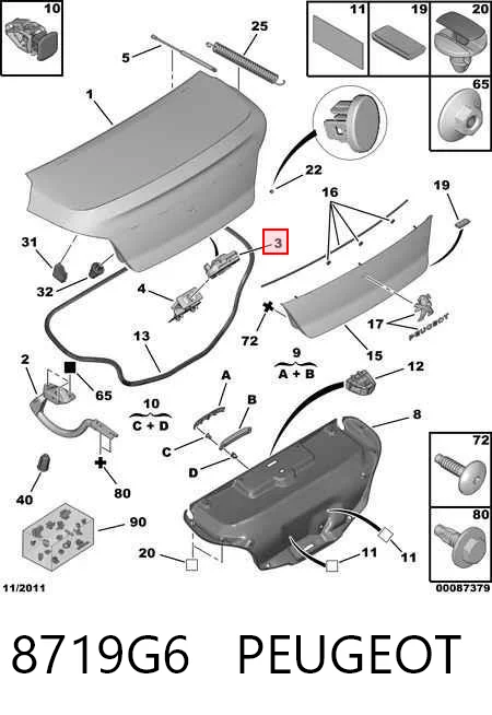 Fecho de tampa de porta-malas (de 3ª/5ª porta traseira) Peugeot 308 I 4A, 4C ao melhor preço