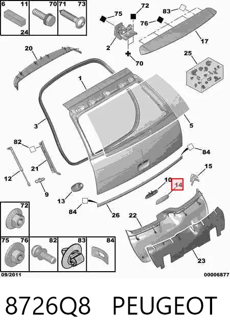 8726Q8 Peugeot/Citroen Puxador externo de tampa de porta-malas (de 3ª/5ª porta traseira)