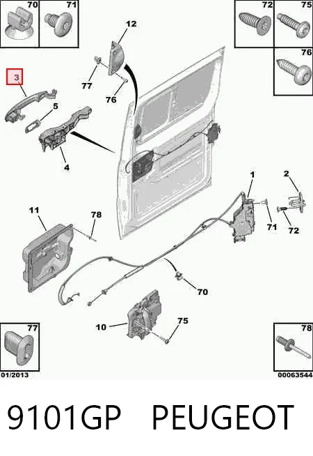 9101GP Peugeot/Citroen Maçaneta externa direita da porta lateral (deslizante)