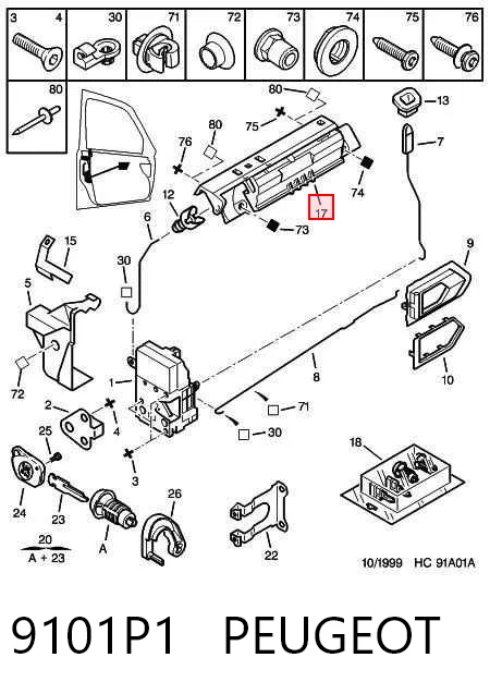 9101P1 Peugeot/Citroen Maçaneta dianteira esquerda externa da porta