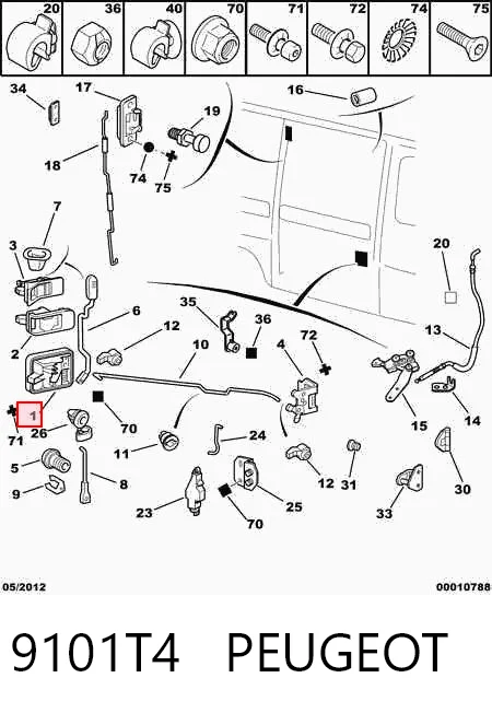 9101T4 Peugeot/Citroen Maçaneta externa direita da porta lateral (deslizante)
