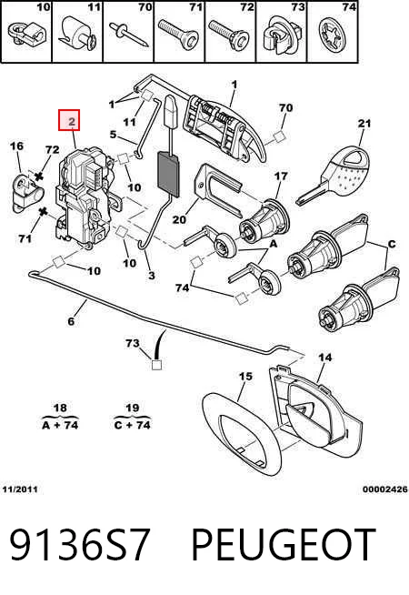 9136S7 Peugeot/Citroen Fecho da porta dianteira direita