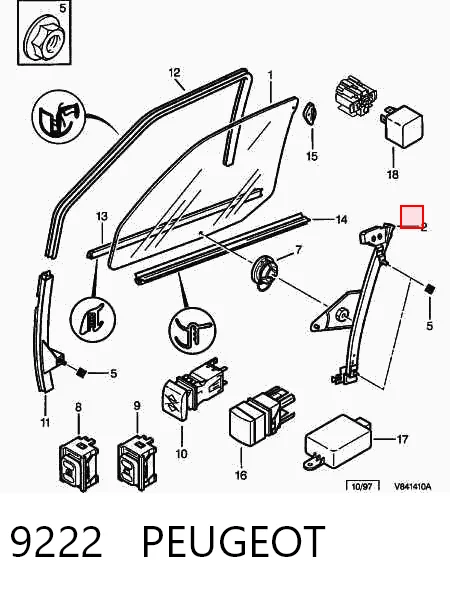9222 Peugeot/Citroen Mecanismo de acionamento de vidro da porta dianteira direita