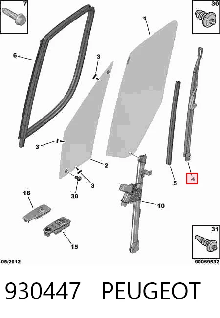 930447 Peugeot/Citroen Guia de vidro de quadro da porta dianteira direita